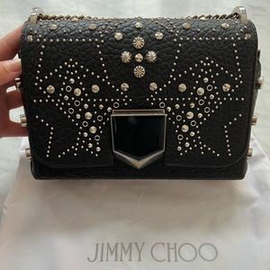 Jimmy Choo Saba Distressed Stud Crystals Black Leather Shoulder Bag
